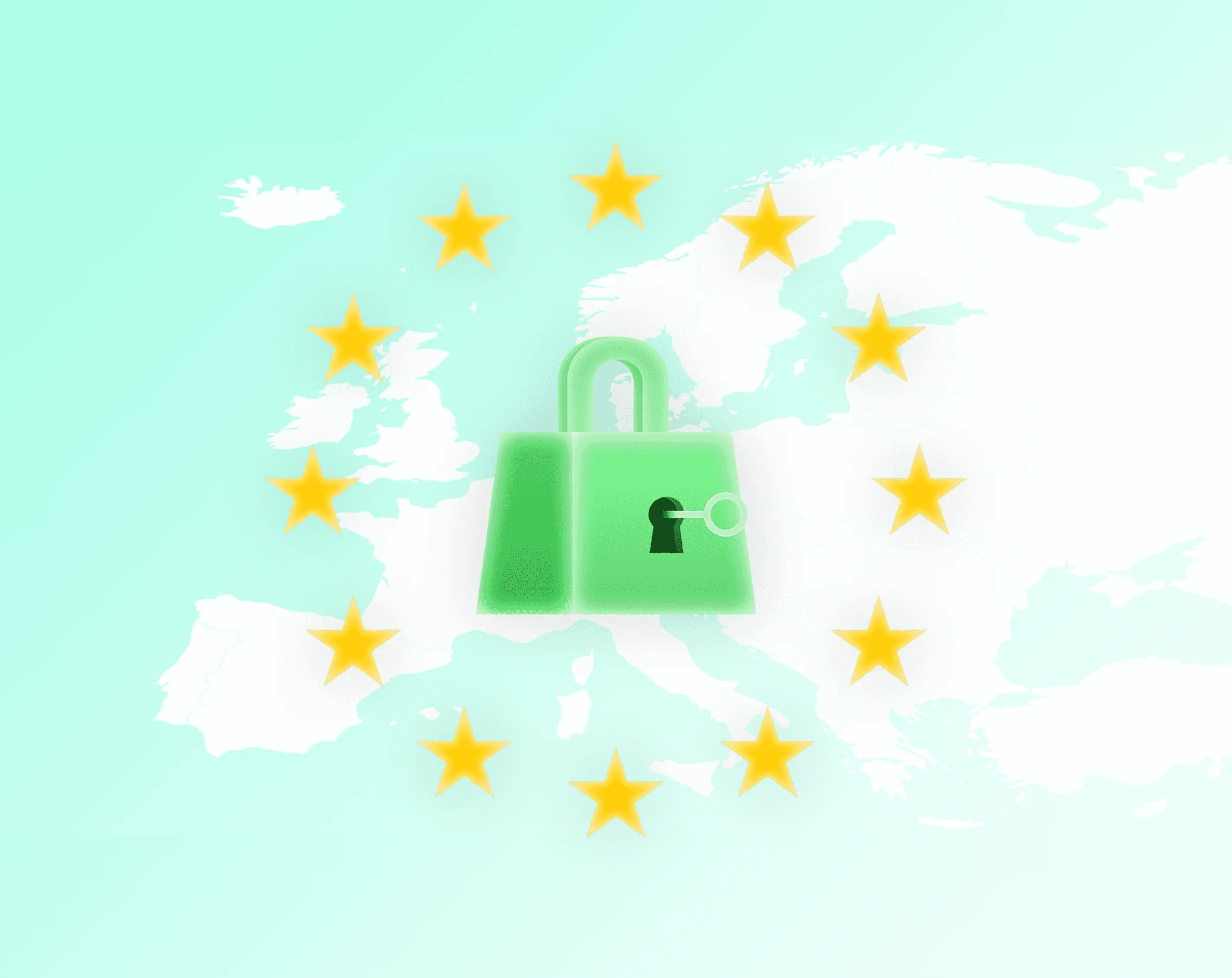Vorhängeschloss über einer Europakarte, umringt von den EU-Sternen, für in der EU gehostete Daten