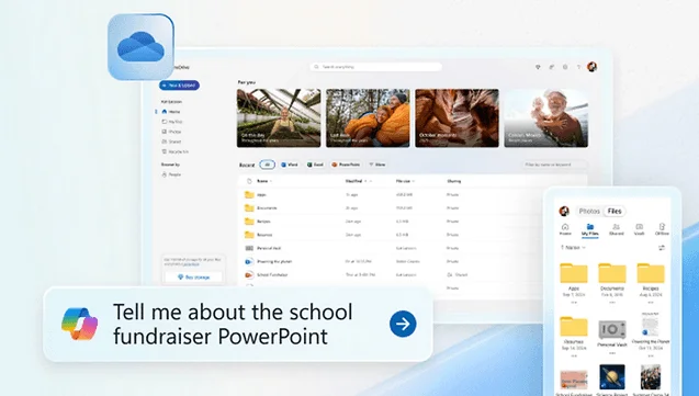 OneDrive on a computer and a tablet, with a Copilot prompt about a school fundraiser PowerPoint