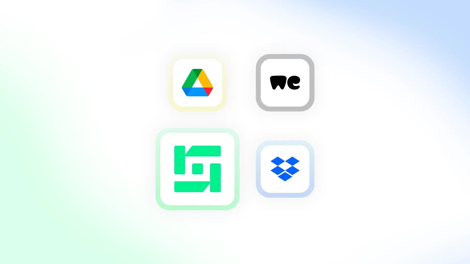Logos de Google Drive, WeTransfer, Drime et Dropbox
