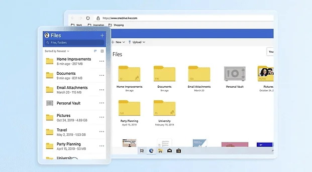 Vue Fichiers de OneDrive sur le web et sur mobile, avec des dossiers et un Personal Vault
