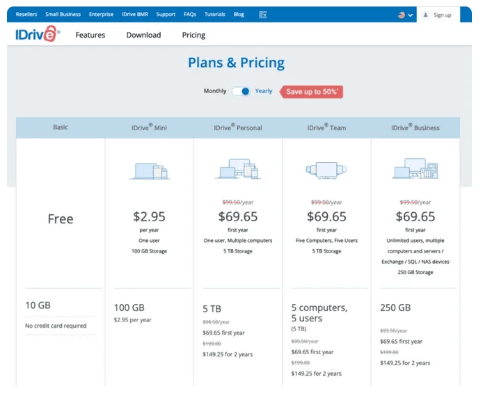Offres IDrive : Basic gratuite avec 10 Go, Mini à 2,95 $/an pour 100 Go, Personal, Team et Business dès 69,65 $ la 1re année