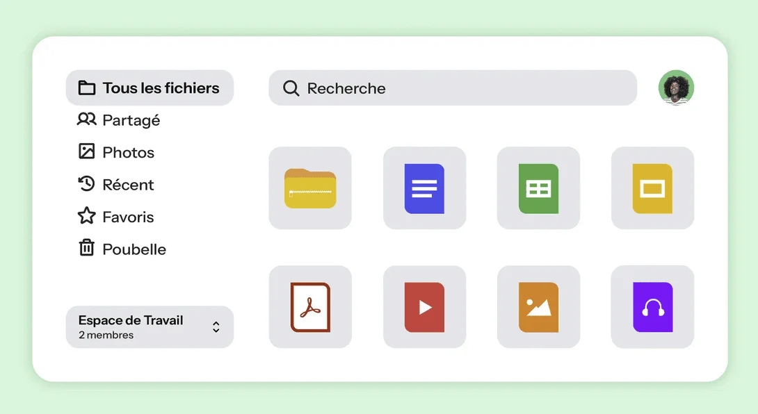 Gestionnaire de fichiers Drime en français : Tous les fichiers, Partagé, Photos, Favoris et un espace de travail à 2 membres