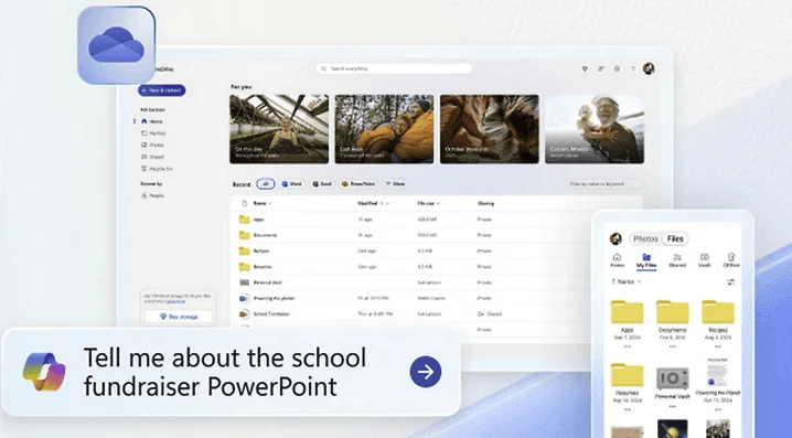 OneDrive on desktop and mobile showing photos and recent files, with a Copilot prompt about a PowerPoint