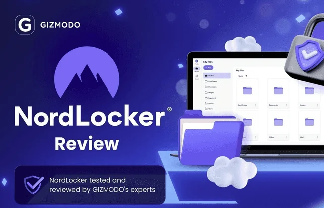 Gizmodo NordLocker review banner with the NordLocker logo and its file manager on a laptop