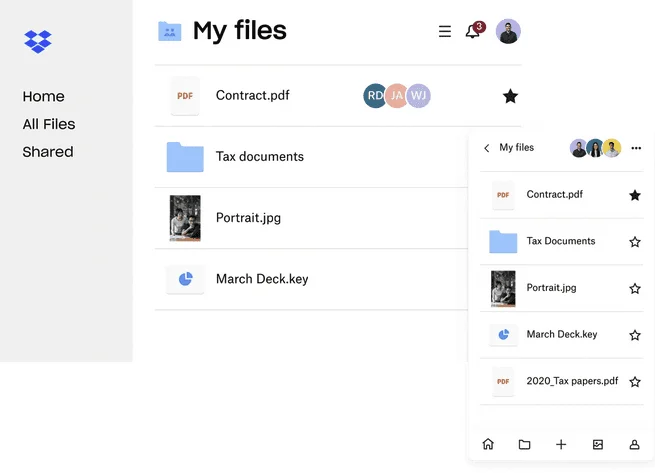 Dropbox file list on desktop and mobile with a shared contract, a folder and starred files