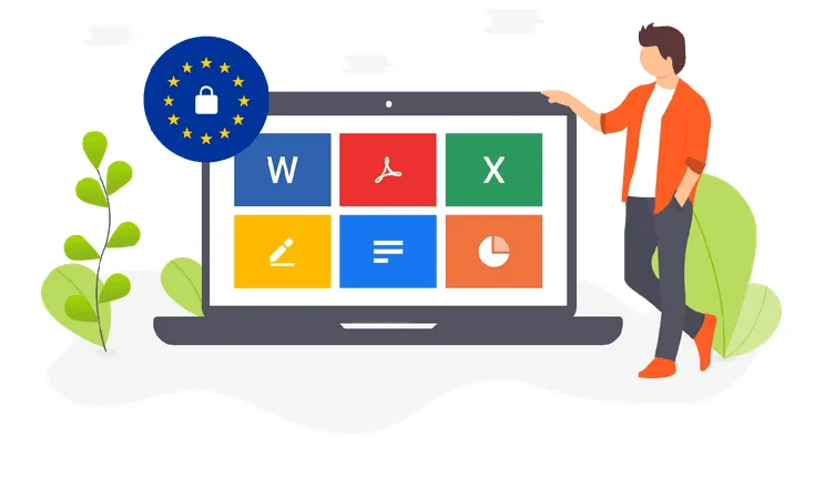 Personne près d'un ordinateur portable affichant des documents, avec un badge cadenas aux couleurs de l'UE