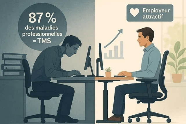 Avant/après : employé courbé et « 87 % des maladies professionnelles = TMS », puis poste ergonomique « Employeur attractif »