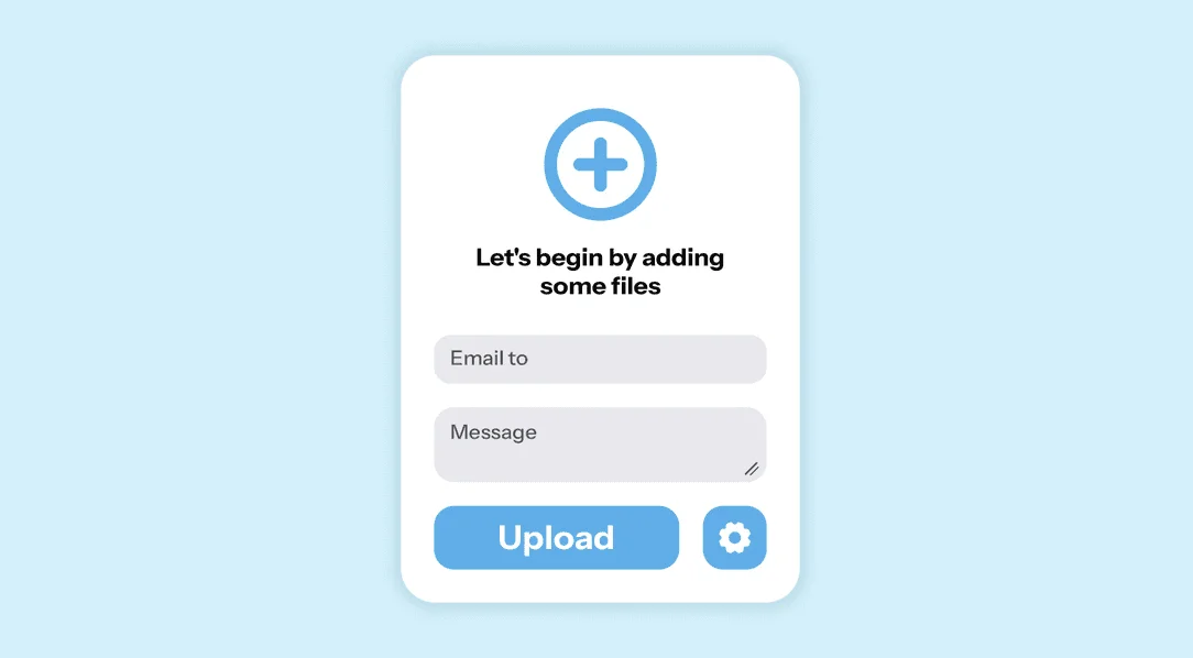 Formulaire de transfert Drime : « Let's begin by adding some files », avec les champs Email to et Message et un bouton Upload