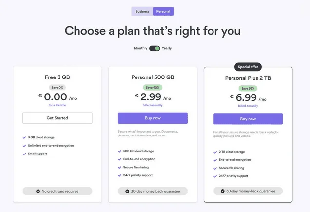 Offres NordLocker : Free 3 GB, Personal 500 GB à 2,99 €/mois et Personal Plus 2 TB à 6,99 €/mois, facturées à l'année