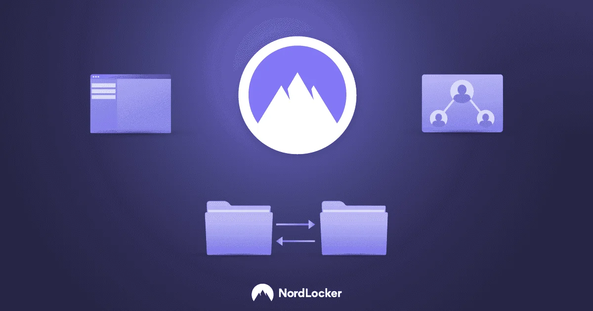 NordLocker logo surrounded by icons for an app window, sharing between users and folder sync