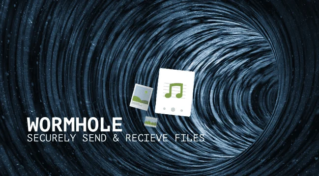 Bannière Wormhole « Securely send & recieve files » avec des icônes de fichiers aspirées dans un tunnel