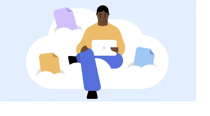 Personne assise sur un nuage avec un ordinateur portable, entourée de fichiers