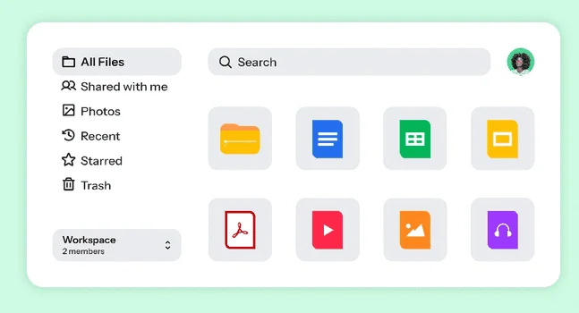 Drime file manager with All Files, Shared with me and Photos in the sidebar and a grid of file type icons