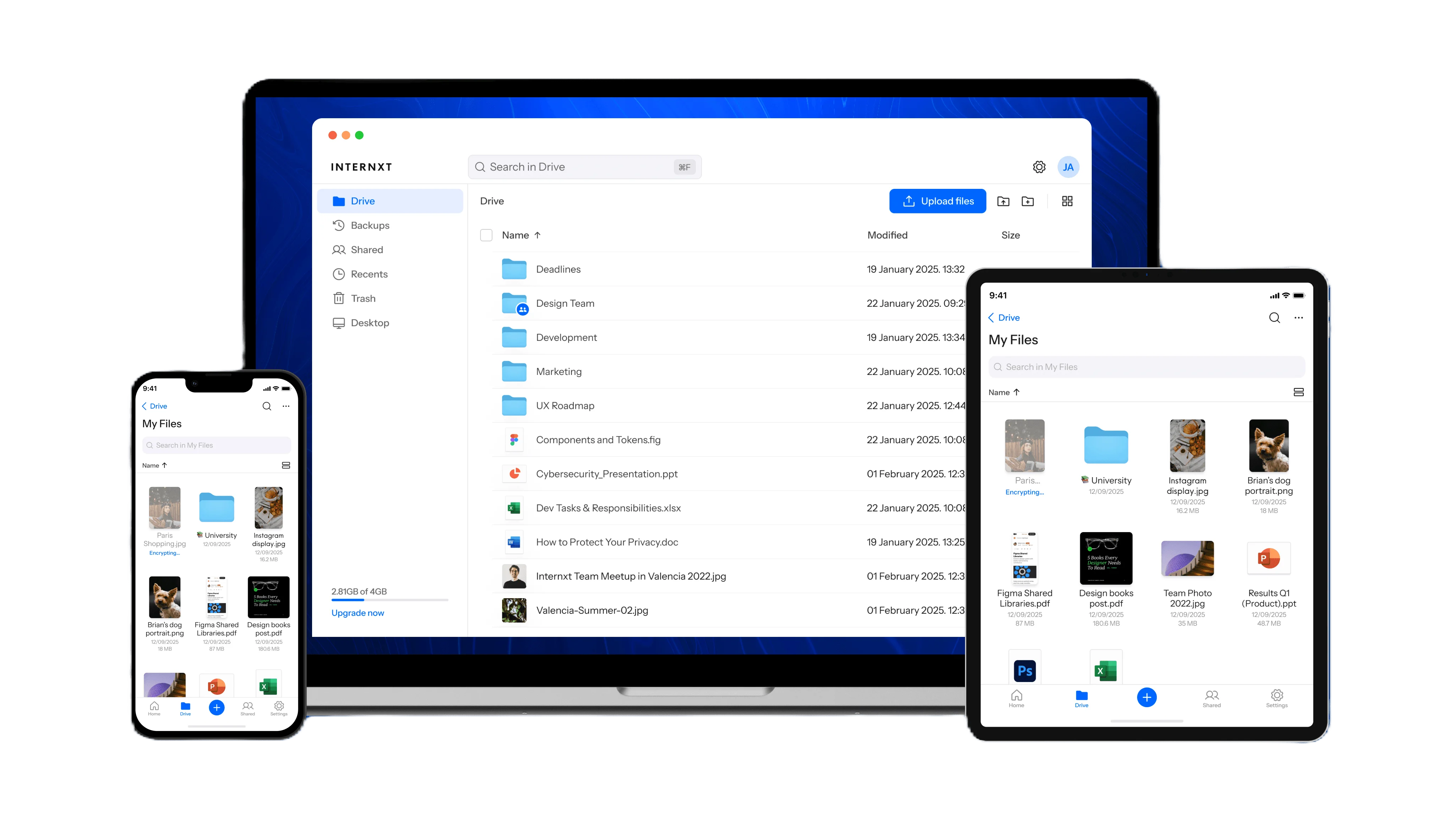 Internxt Drive on a laptop, a phone and a tablet, showing folders and files with 2.81GB of 4GB used