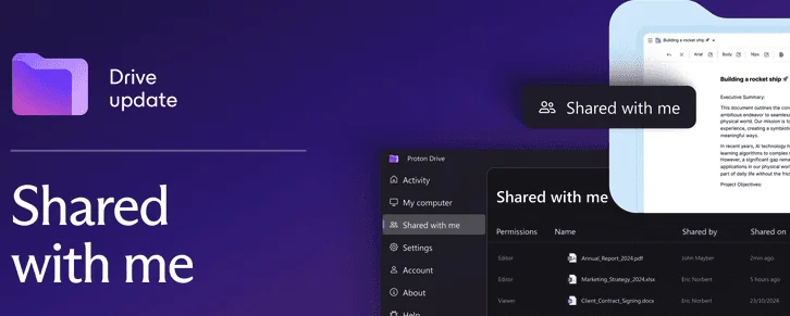 Proton Drive update banner: “Shared with me”, with the list of files shared with the user