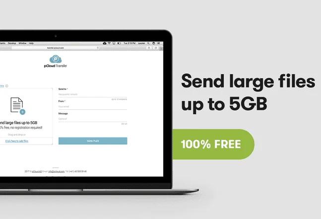 Formulaire pCloud Transfer sur un ordinateur portable, à côté du texte « Send large files up to 5GB » et « 100% FREE »