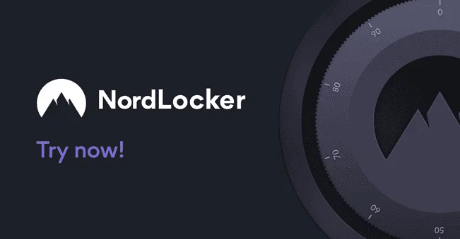 Logo NordLocker avec la mention « Try now! » à côté d'un cadran de coffre-fort