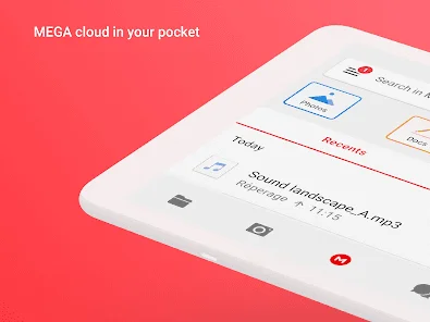 MEGA sur une tablette, avec l'accroche « MEGA cloud in your pocket » et la liste des fichiers récents