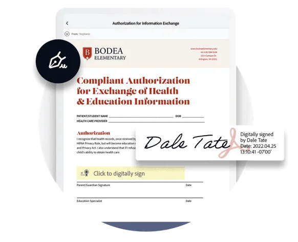 Authorization form signed digitally in Adobe Acrobat, with a “Click to digitally sign” field