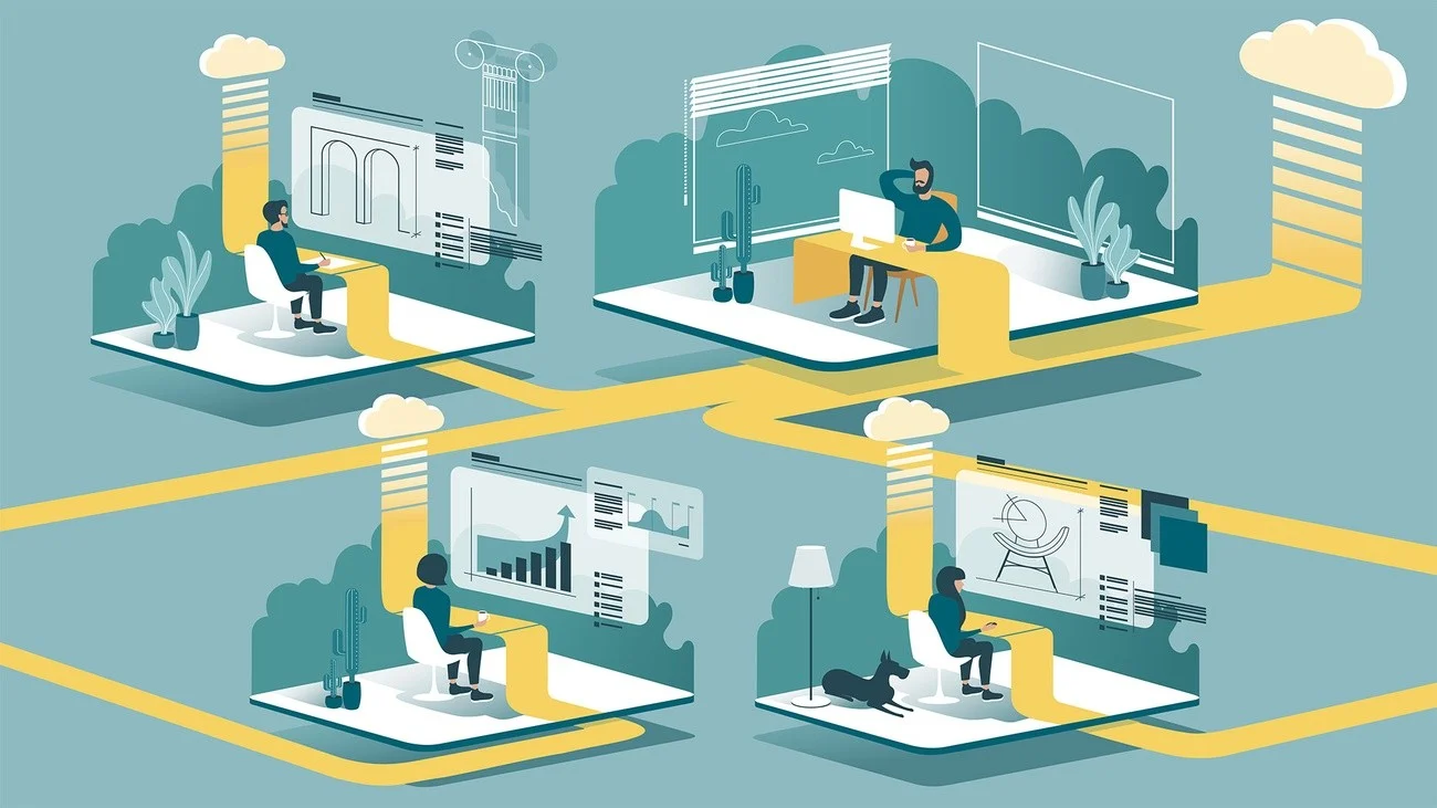 Four people working at separate desks, linked by paths to the cloud