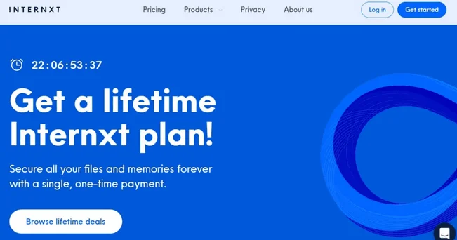 Page Internxt « Get a lifetime Internxt plan! » avec un compte à rebours et un bouton Browse lifetime deals