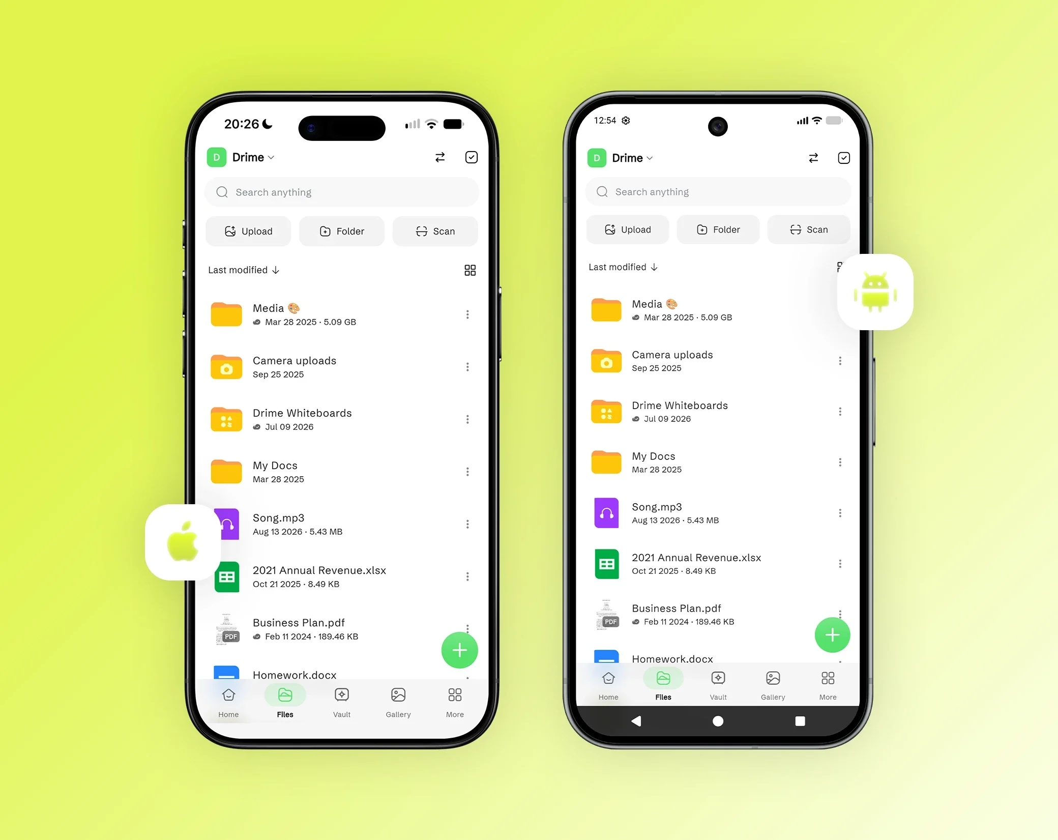Mobile Drime-App auf einem iPhone und einem Android-Smartphone mit derselben Dateiliste