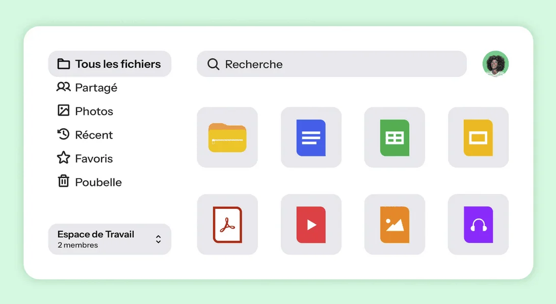 Gestionnaire de fichiers Drime en français : Tous les fichiers, Partagé, Photos, Favoris et un espace de travail à 2 membres