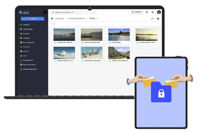 kDrive sur le web : dossier Photos sur ordinateur, et une tablette montrant le partage d’un dossier verrouillé