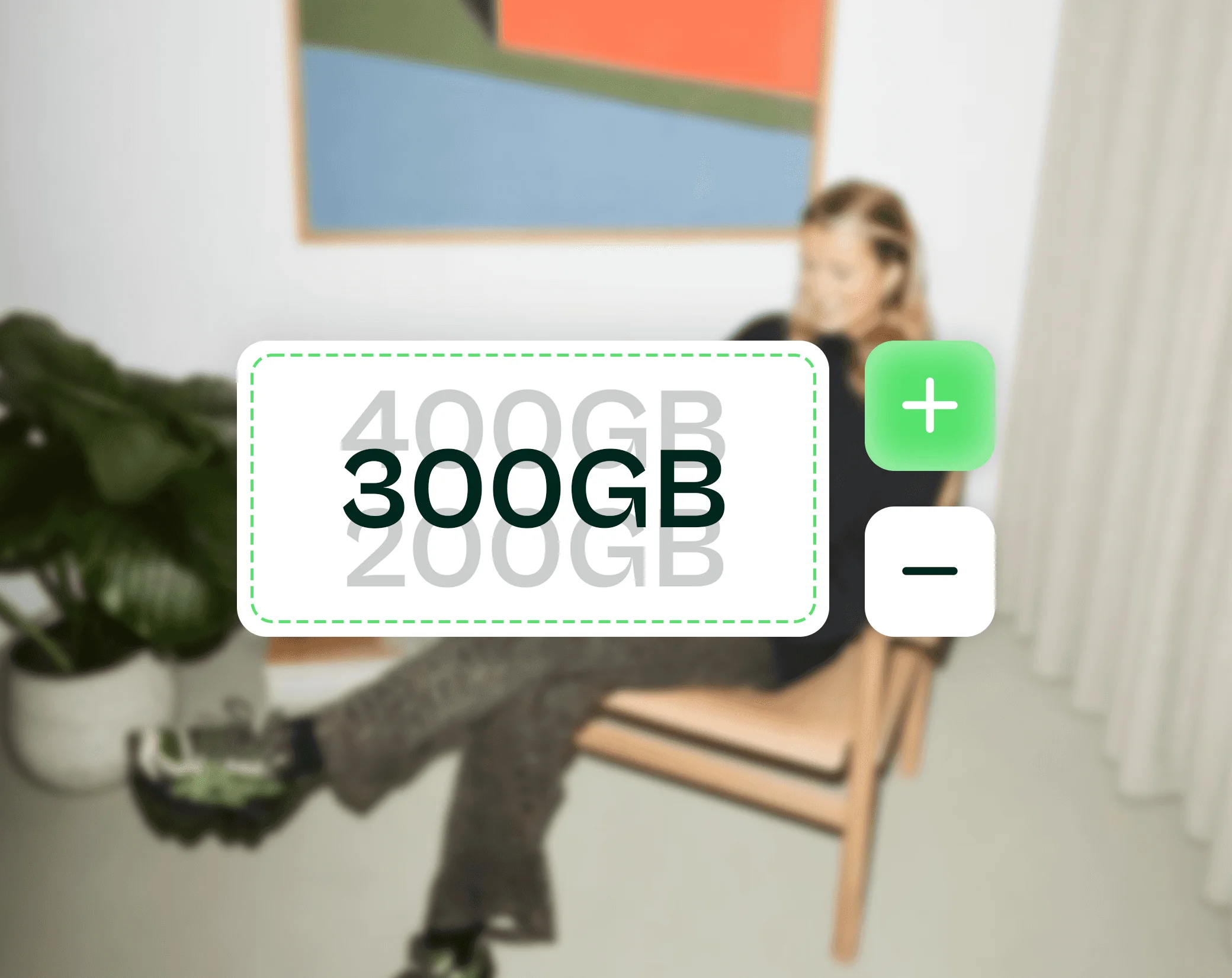 Spazio di archiviazione assegnato impostato su 300 GB, con i pulsanti più e meno