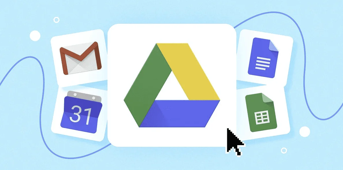 Logo Google Drive entouré des icônes Gmail, Agenda, Docs et Sheets