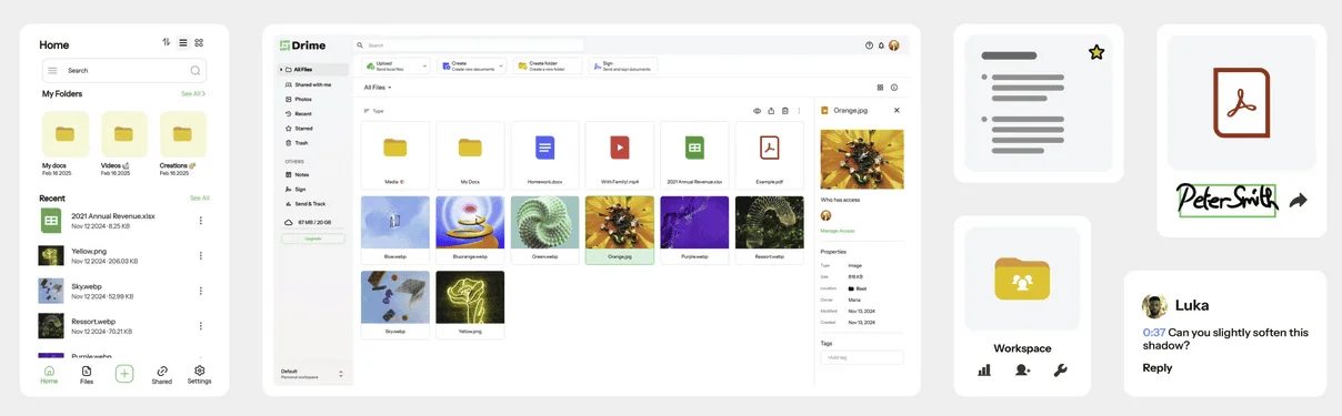 Drime sur mobile et ordinateur : fichiers, dossiers et images, avec des cartes signature, espace de travail et commentaire