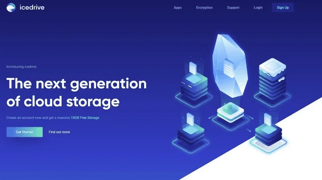 Icedrive homepage "The next generation of cloud storage" offering 10GB of free storage at sign-up