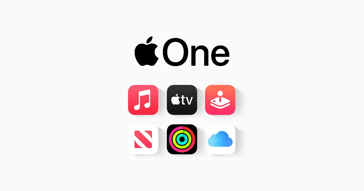 Logo Apple One avec les icônes des apps Music, TV, Arcade, News, Fitness et iCloud