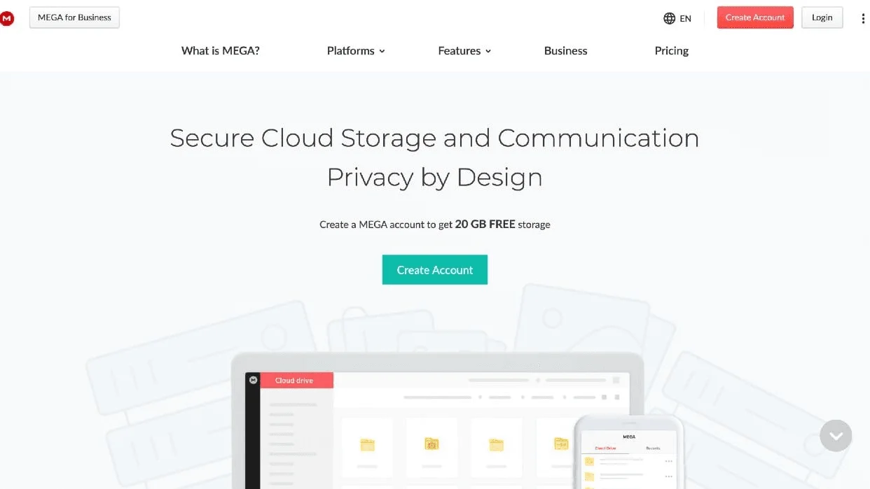 MEGA homepage "Secure Cloud Storage and Communication Privacy by Design" offering 20 GB of free storage