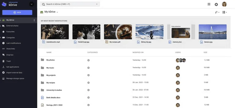 kDrive web app with recently modified files and a list of folders and documents
