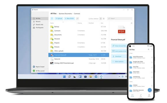 Application Tresorit sur ordinateur portable et téléphone, avec la vue All Files d'un dossier Contracts