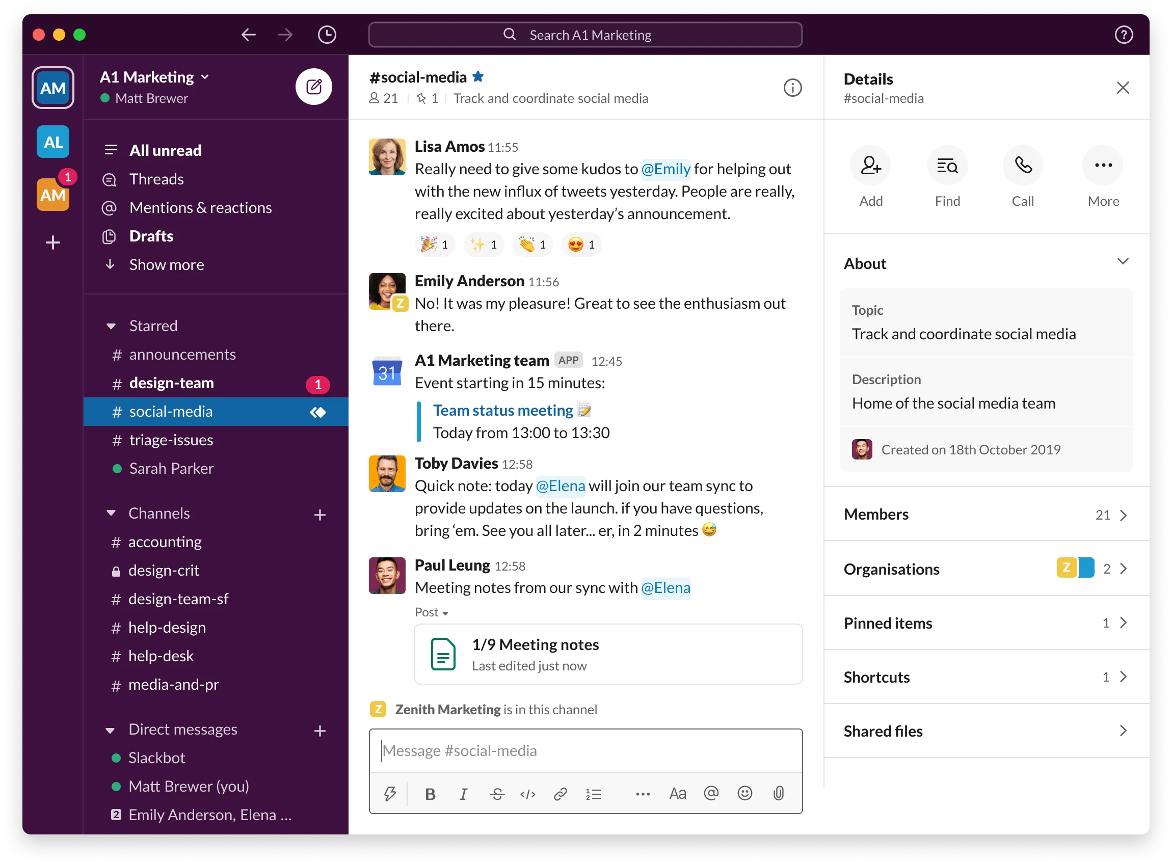 Application Slack sur ordinateur avec le canal #social-media : messages d'équipe, rappel de réunion et détails du canal