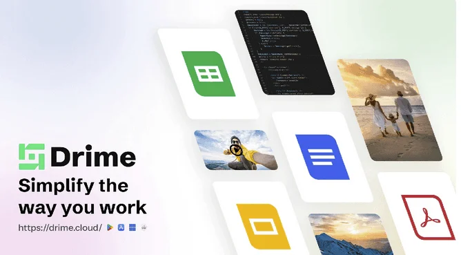 Bannière Drime « Simplify the way you work » avec des icônes de types de fichiers et des photos
