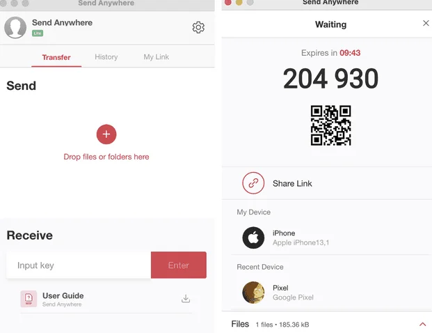Application Send Anywhere : écran d'envoi et de réception, et écran d'attente avec clé à 6 chiffres, QR code et Share Link