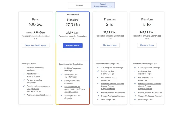 Offres annuelles Google One : Basic 100 Go à 19,99 €, Standard 200 Go à 29,99 €, Premium 2 To à 99,99 € et 5 To à 249,99 €