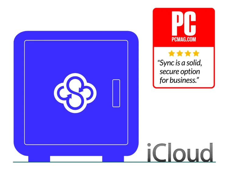 Sync.com logo on a safe, with a PCMag four-star quote: "Sync is a solid, secure option for business."