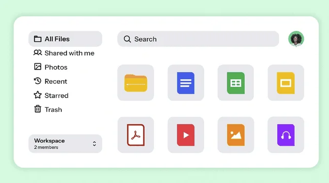 Drime file manager with All Files, Shared with me, Photos, Recent, Starred and Trash, and file type icons
