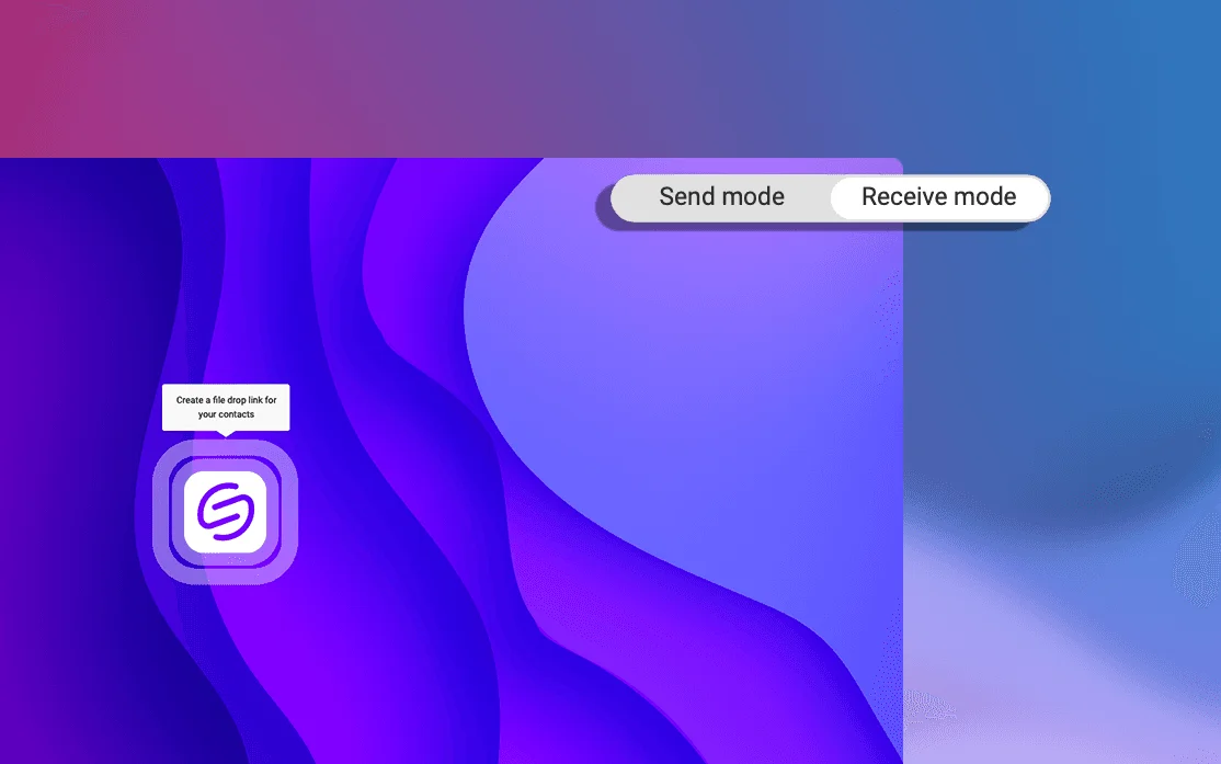 Smash logo with the tip “Create a file drop link for your contacts” and a Send mode / Receive mode switch