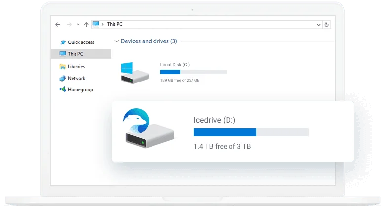 Icedrive monté comme lecteur D: dans l'Explorateur Windows, 1,4 TB libres sur 3 TB