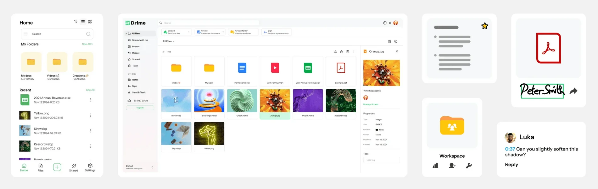 Drime on mobile and desktop: file manager with folders and images, plus signature, workspace and comment cards