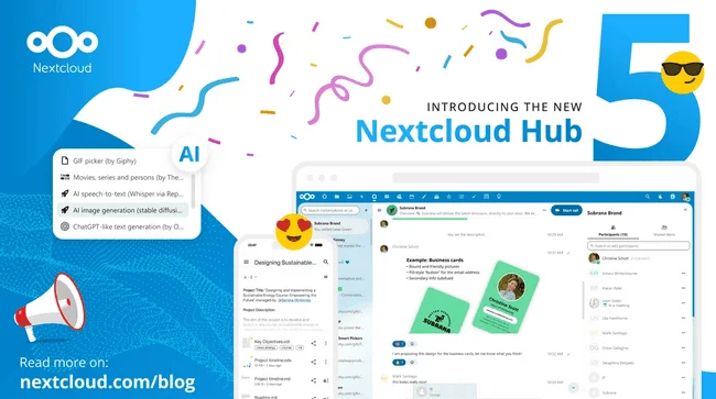Nextcloud banner "Introducing the new Nextcloud Hub 5", with AI features and the chat app on desktop and mobile