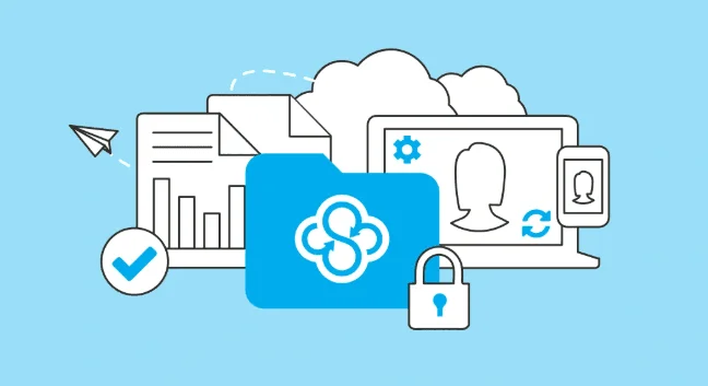 Logo de Sync.com sur un dossier, entouré de dessins de documents, d'un ordinateur portable, d'un téléphone et d'un cadenas