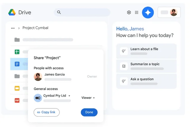 Google Drive with a Share dialog showing people with access, a Copy link button and an assistant panel