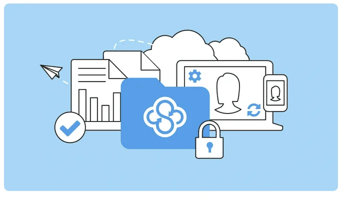 Illustration Sync.com : dossier au logo Sync entouré de documents, d'appareils, d'un cadenas et de nuages