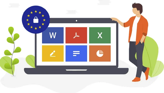 Ordinateur portable affichant des icônes de documents, un cadenas sur le drapeau européen et une personne